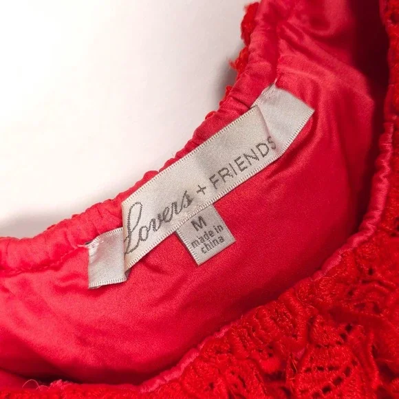 Lovers + Friends Mini Dress MEDIUM Dream Vacay Off Shoulder Red Lace Women's